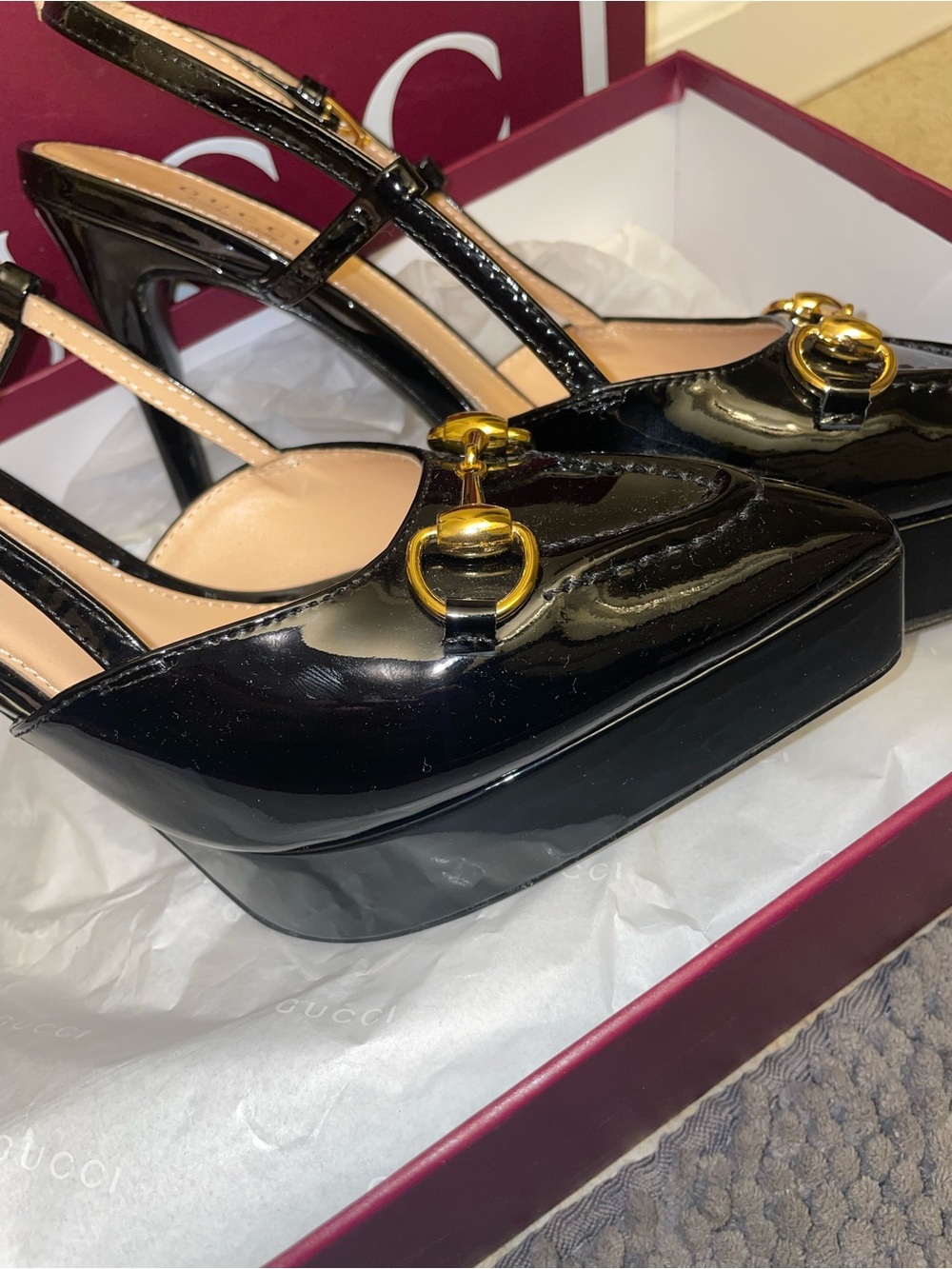 Gucci Black Patent Leather Horsebit Slingback Pumps GG size 7 high heels - Picture 6 of 14